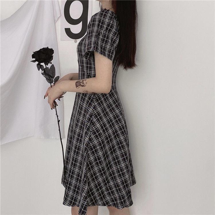 Kleider Frauen Kurzarm Schwarz Plaid Knielangen Hohe Taille A-linie Quadrat Kragen Mädchen Süße Harajuku Streetwear Sommer