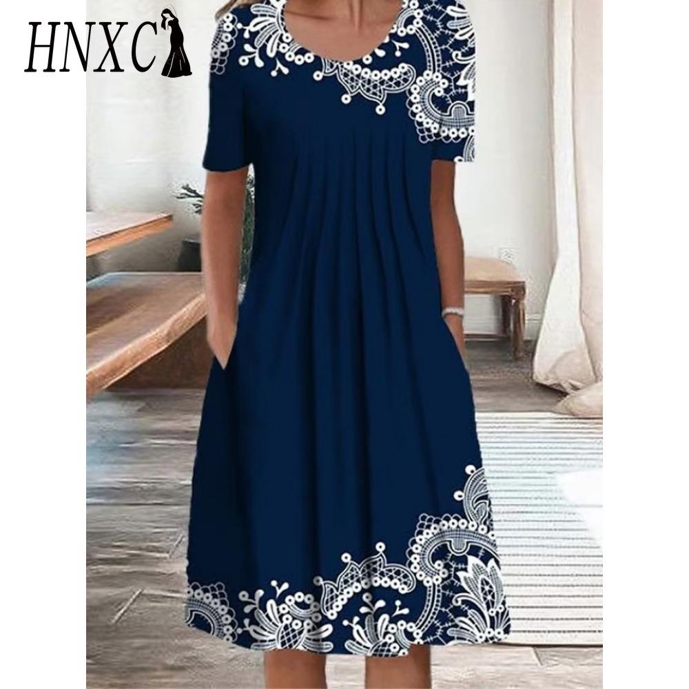 HNXC 30 Color Pleated Midi Dress Short Sleeve Round Neck Loose Hem Mid-Calf Length Women Floral A-Line Party Dress Casual Wear
