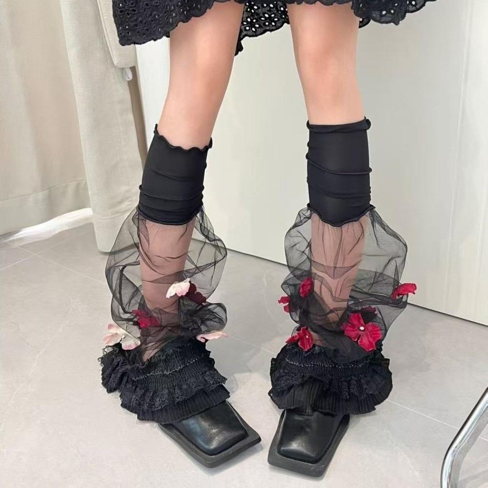 Flower Layered Ruffle Boot Cover Cuffs Y2K Sheer Leg Warmers Spicy Girls чёрный