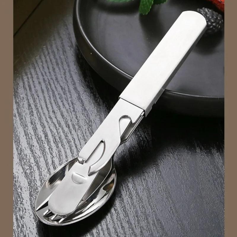 4-in-1 Portable Stainless Steel Camping Spoon, Fork, Knife and Can/Bottle Opener, Military Camping Utensils