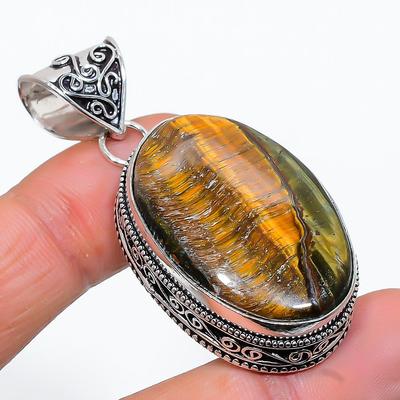 Natural Tiger Eye Gemstone Handmade 925 Sterling Silver Gift Pendant 2.01" N6G80