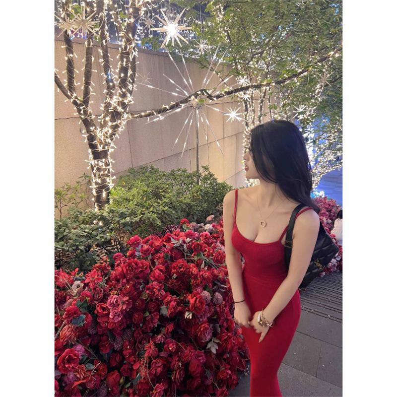 Mature Style Mature Woman Tight Solid Color Spaghetti Strap Dress for Women, New Autumn Slimming Fitted Hip-hugging Mermaid Long Dress