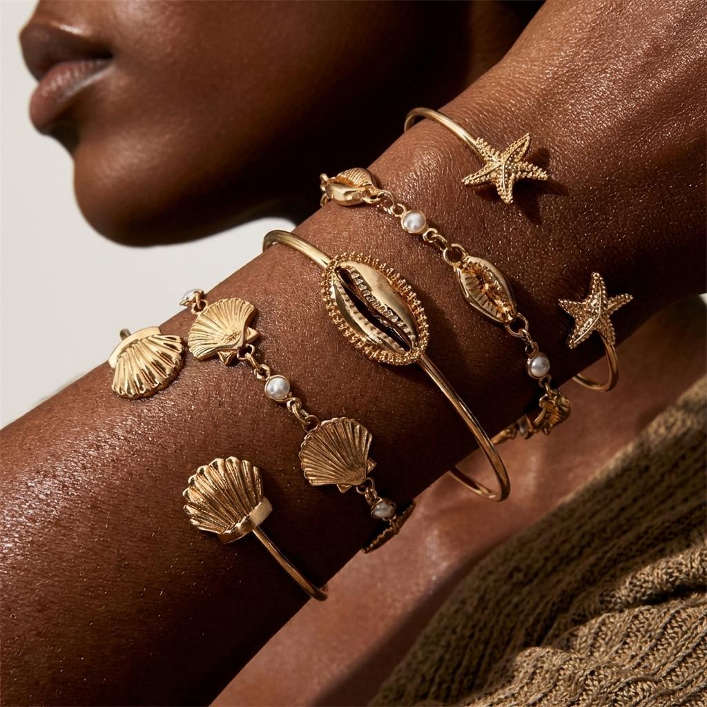 5Pcs Metal Starfish Shell Bracelets Set for Women Multilayer Boho Conch Scallop Stackable Bangles Summer Beach Party Jewelry