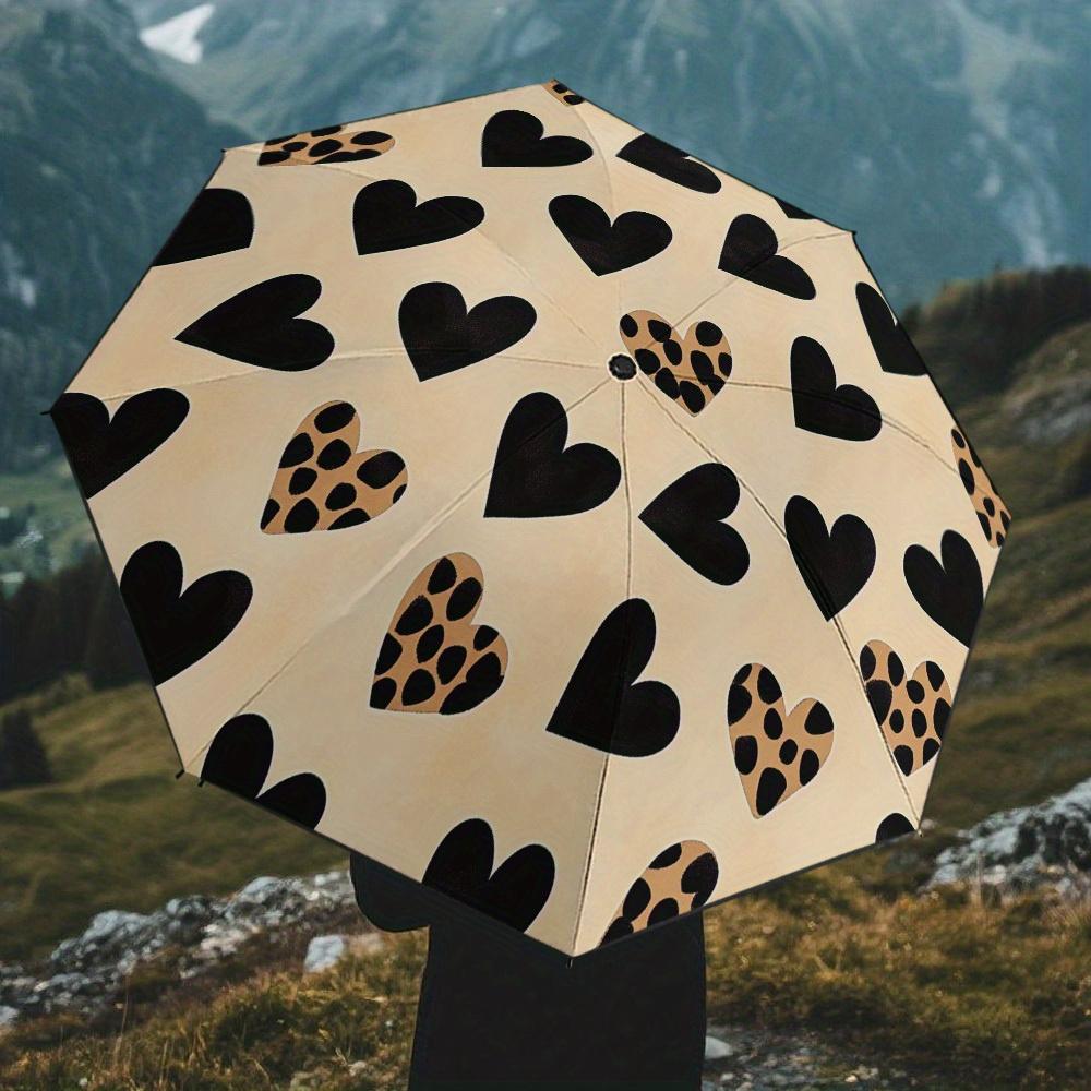 

1pc Automatic Open/Close Umbrella with Leopard Hearts & & Heart Patterns - Compact Travel Umbrella with 8-Rib Shaft, Ergonomic Iron&8K