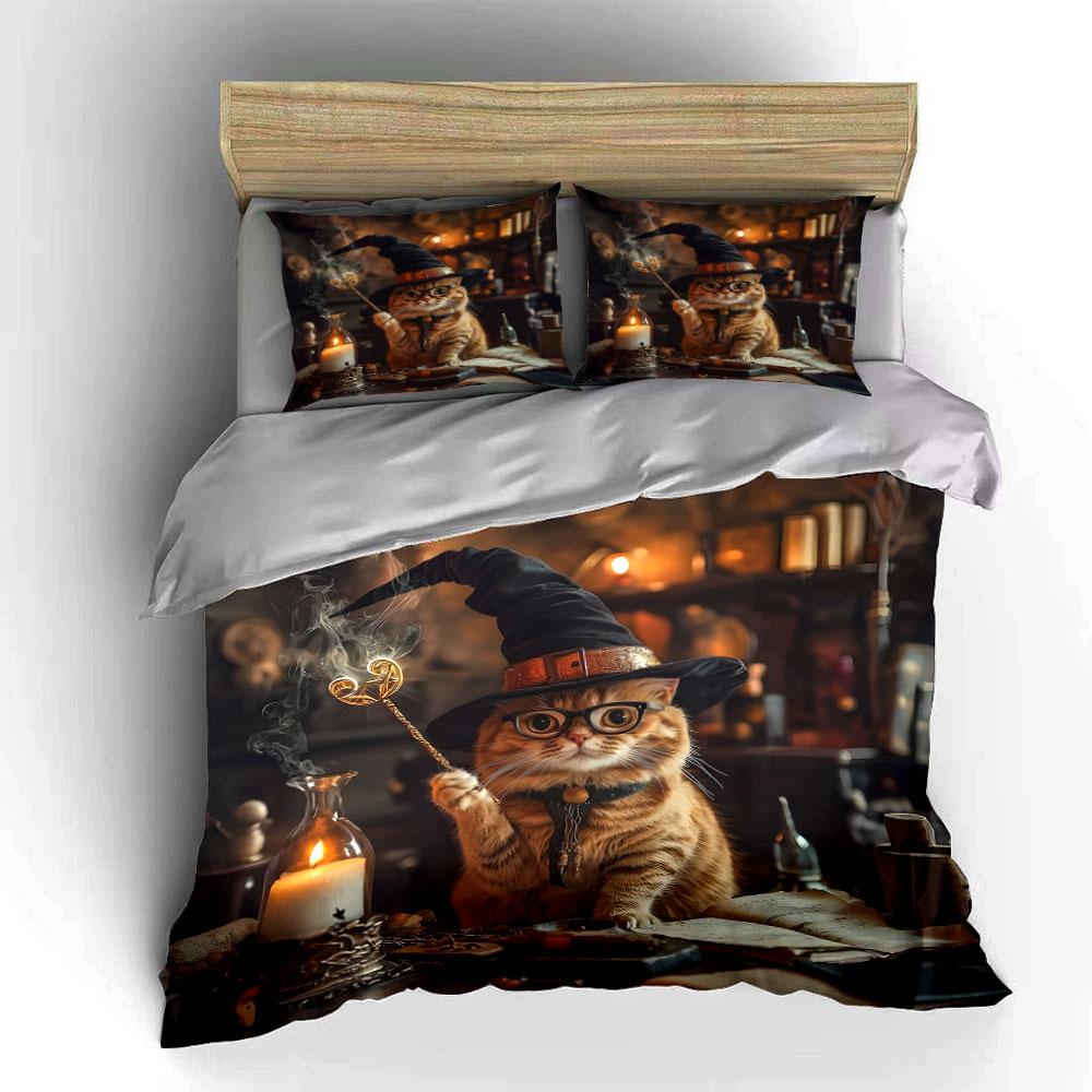 Wizard Cat Decorative Set Soft Skin-Friendly Bedding Set Includes 1 Duvet Cover And 2 Pillowcase Gift