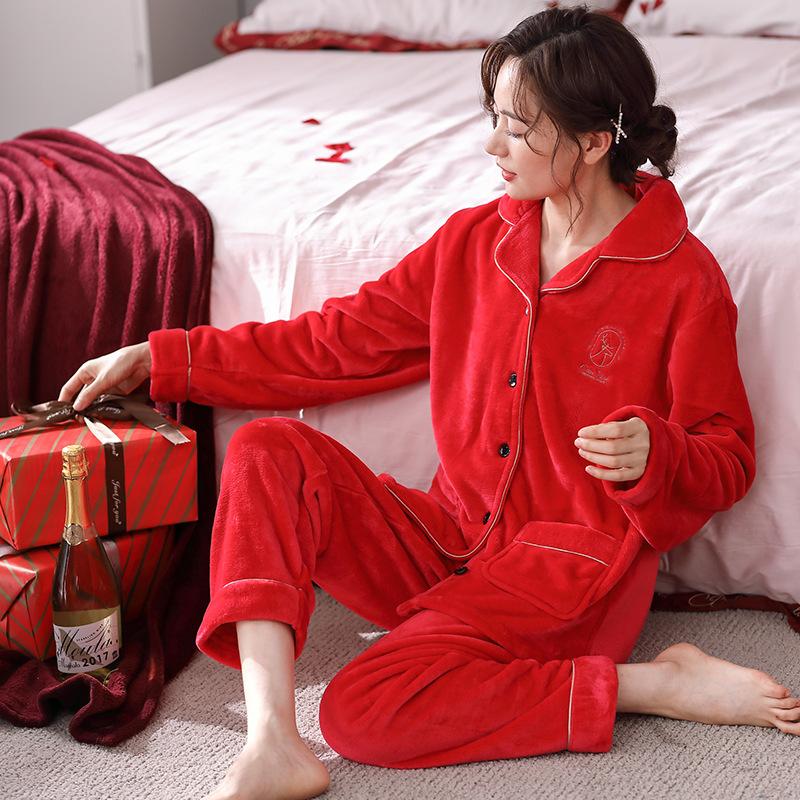 Autumn And Winter Wedding Pajamas Women'S Coral Fleece Fleece Thickened Winter Flannel Red Natal Year Bridal Suit