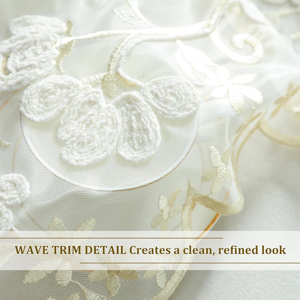 VOGOL Beige Sheer Lace Valance, Floral Embroidered Short Curtain for Kitchen Window, Grommet Rustic Farmhouse Window Topper for Bathroom & Living