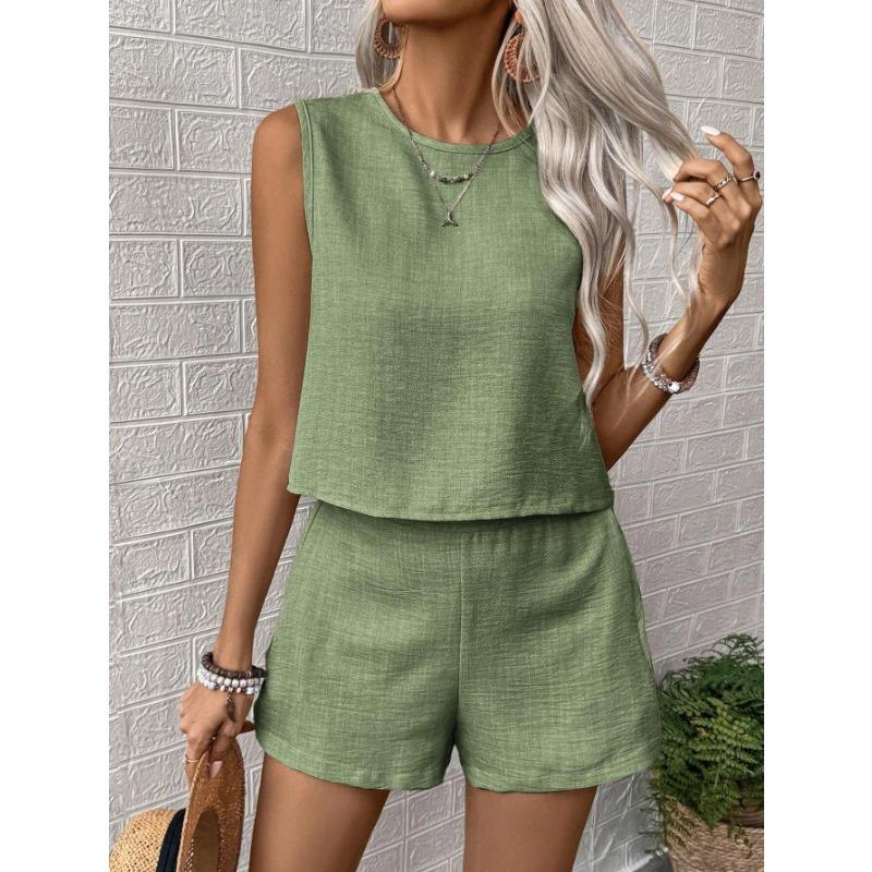 Solid Color Sleeveless Vest Shorts Two-piece Set, Casual and Fashionable Women's Sport Suits