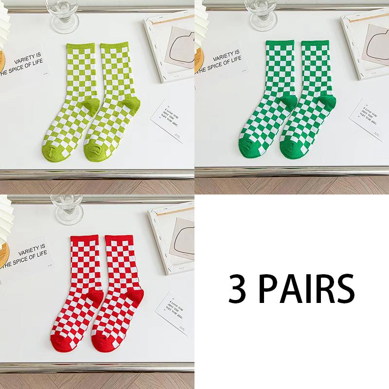 3 Pairs Women Cotton Socks Funny Black White Squares Plaid Casual Socks Breathable Middle Tube Socks