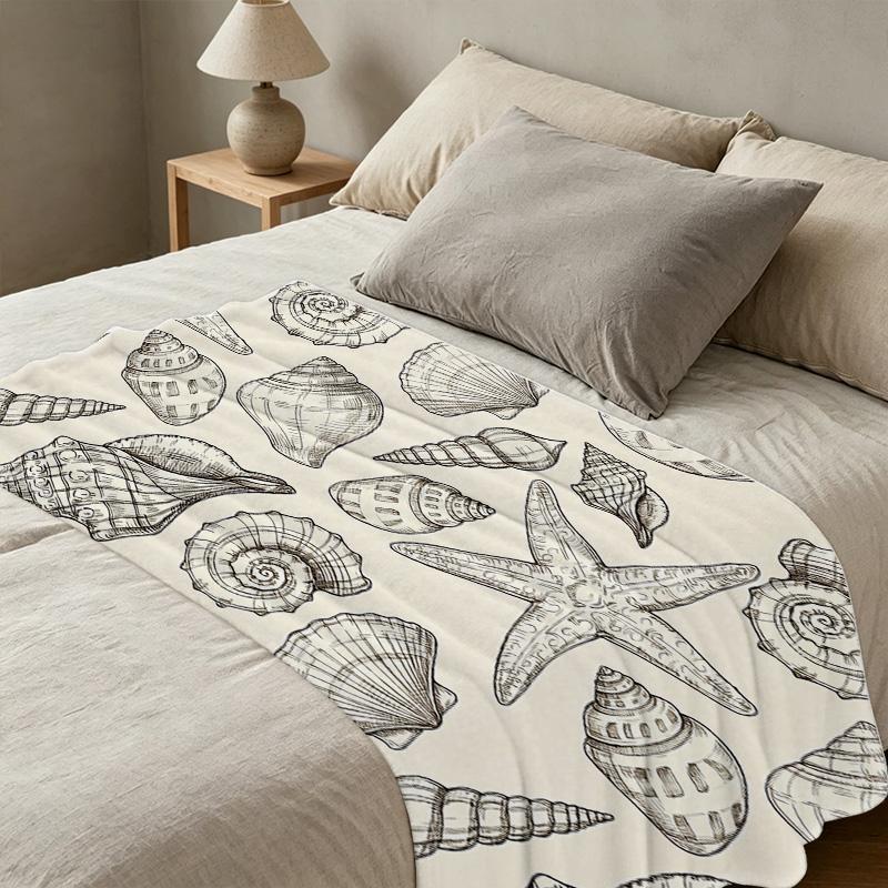 Thick Warm Flannel Blanket Marine Design (Shell & Starfish), Soft Cozy Throw for Home, Guest Room, Single Use, Christmas & Halloween