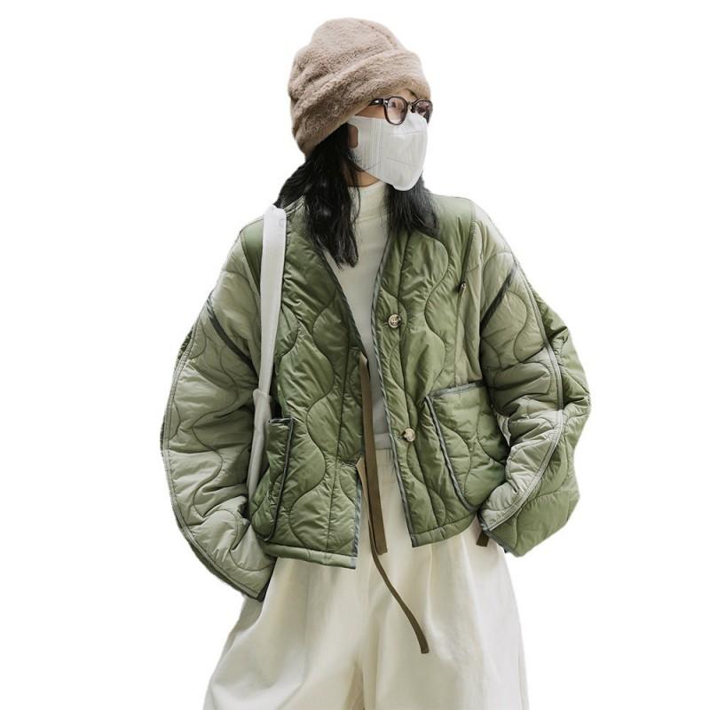 Womens Oversized Cotton Puffer Coat In Contrast Colors Lightweight Casual Winter Outerwear Round Neck Long Sleeve