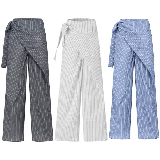 Women Pants Side Lace-up Striped Print Oversized Wide Leg Casual Trousers with Pockets Exercise Work Travel Daily Wear