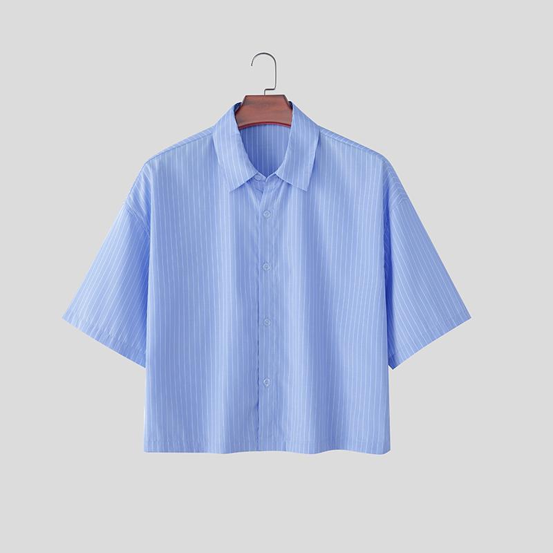 INCERUN Oversized Men Lapel Neck Short Sleeve Buttons Striped Casual Cropped Summer Shirts M