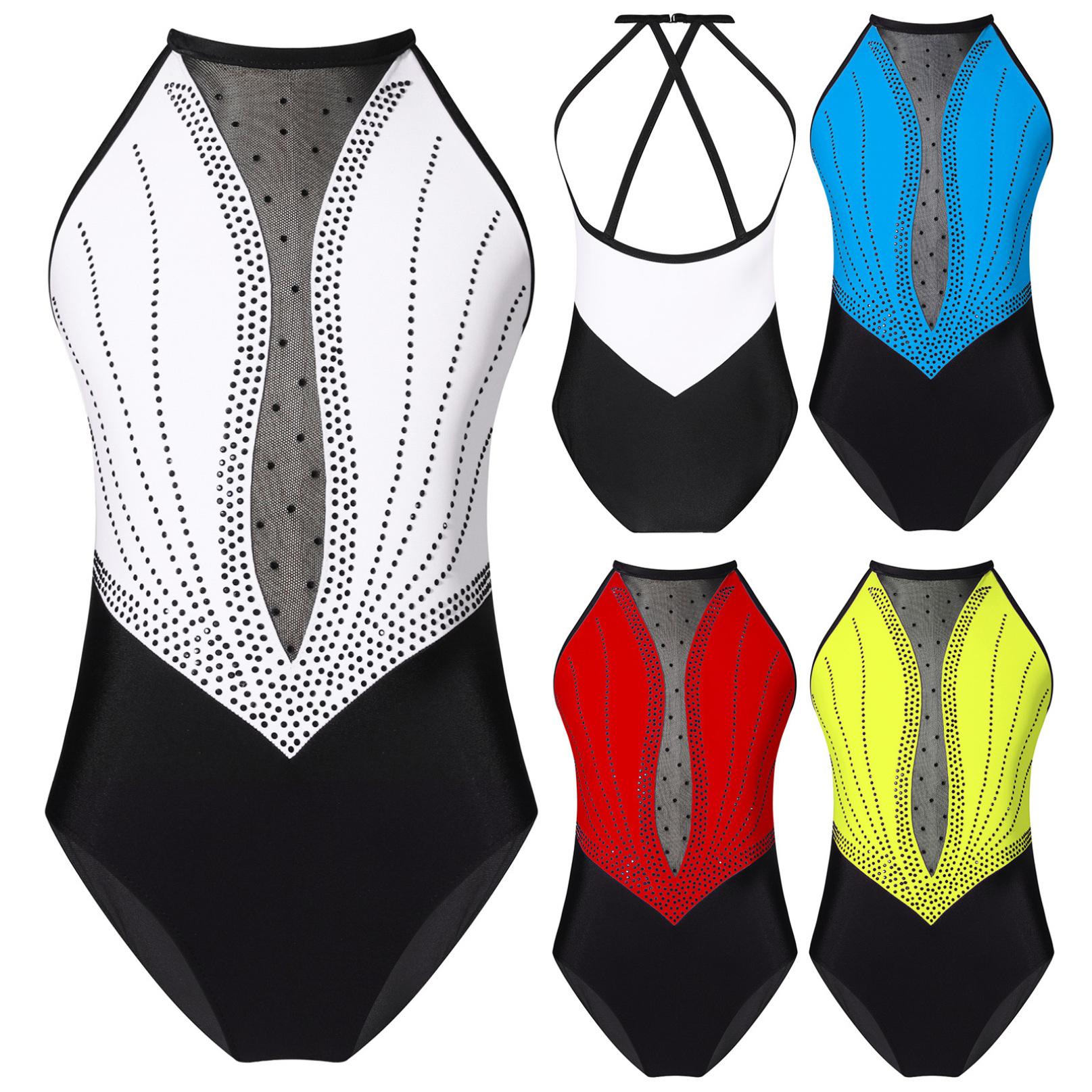 

Гімнастичне купальник для дівчат без рукавів Блискучі стрази Балетні танцювальні трико Комбінезон для катання на ковзанах Боді 5-6 Years білий