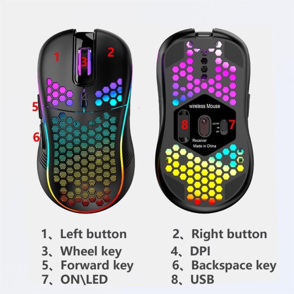 Adjustable DPI RGB Lighting Mouse Rechargeable Honeycomb Shell Gaming Mouse LED Backlit Colorful 2.4G Wireless Mouse Office Work