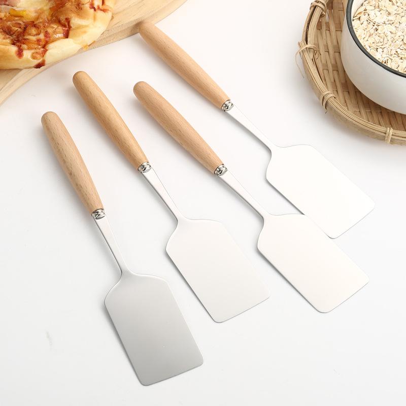 Stainless Steel Square Head Steak Cooking Shovel Wood Handle Pizza Shovel Pancake Beef Pan Shovel BBQ Utensils for Kitchen