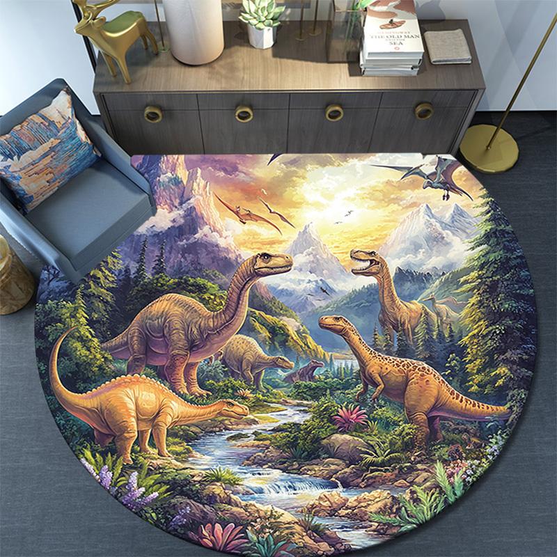 Dinosaur Landscape Round Area Rug,Carpet Rug for Living Room Bedroom Sofa Playroom Decor,Non-slip Floor Mat