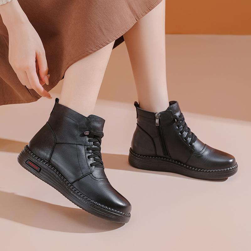 New 2024 Women Boots Women Genuine Leather Warm Wool Winter Boots Wedge Shoes Soft Bottom Anti Slip Woman Ankle Boots
