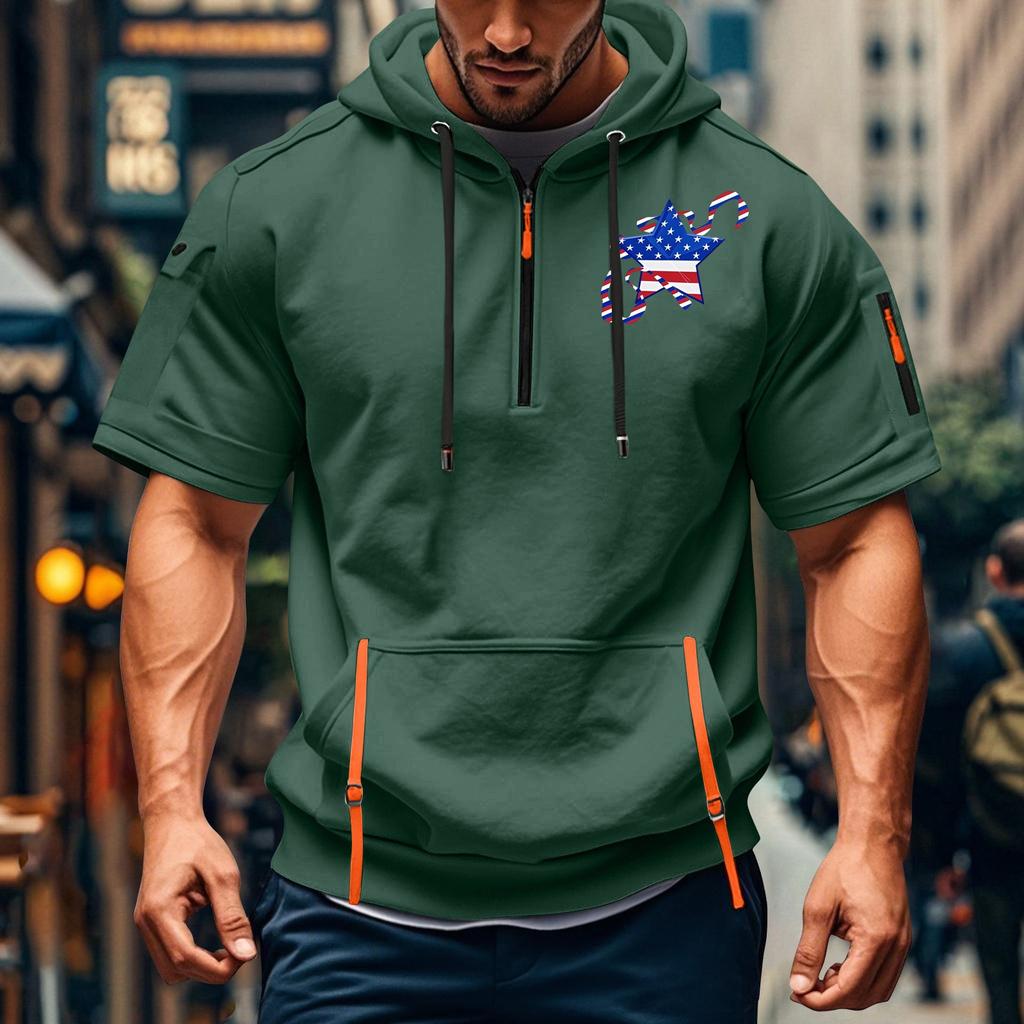 Men's Summer Shirt Print Zipper Pocket Short Sleeve Hooded Sweatshirt Men's Sports Large Size Casual Sweatshirt