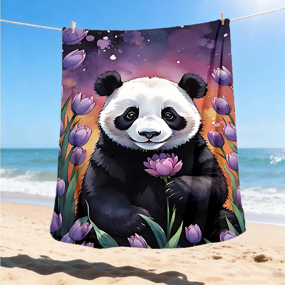 1pc Panda Flower Throw Blanket Polyester Fiber, Lightweight Flannel, Soft & Warm, All Season Use for Outdoor, Camping Digital Print