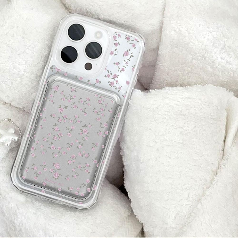 Full screen Pink Floral fragments For Magsafe wallet Magnetic Card holder Phone Case For iPhone 16 13 15 14 17 Pro Max 16E Cover