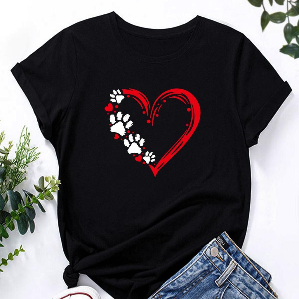 Women's Casual O Neck Heart Printed T-shirt O Neck Short Sleeve Cotton Tops