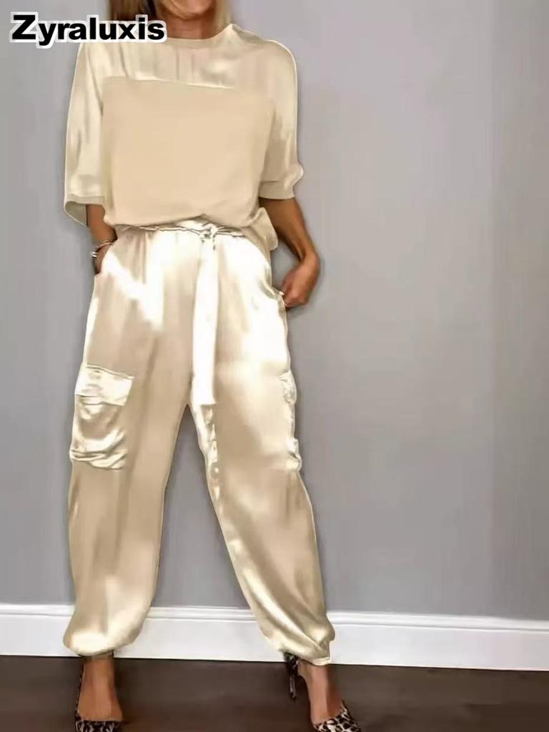 Women's Two Piece Set - Sleeveless Top & Pants, Solid Color Loose Casual Smooth Satin Pocketed Fashion Outfit