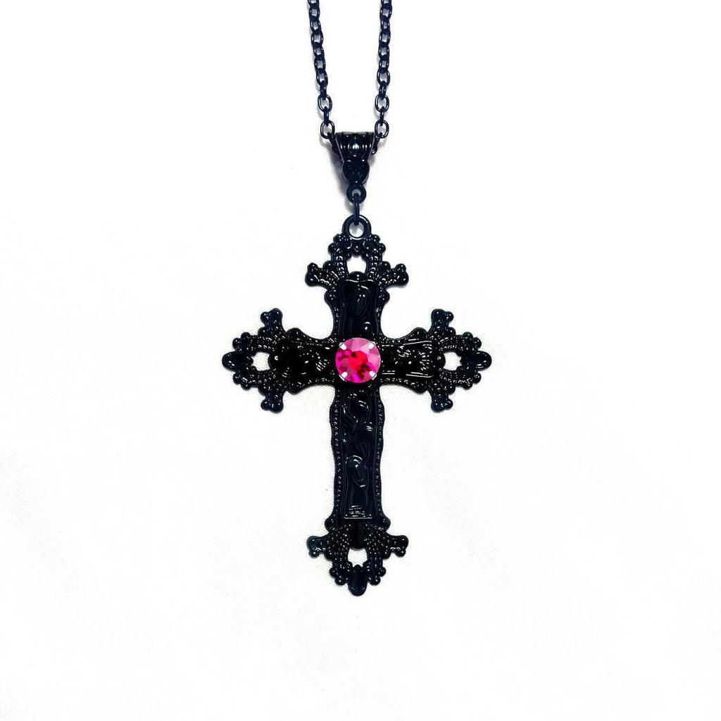 Gothic Y2K Punk Crystal Black Cross Pendant Choker Necklace for Women