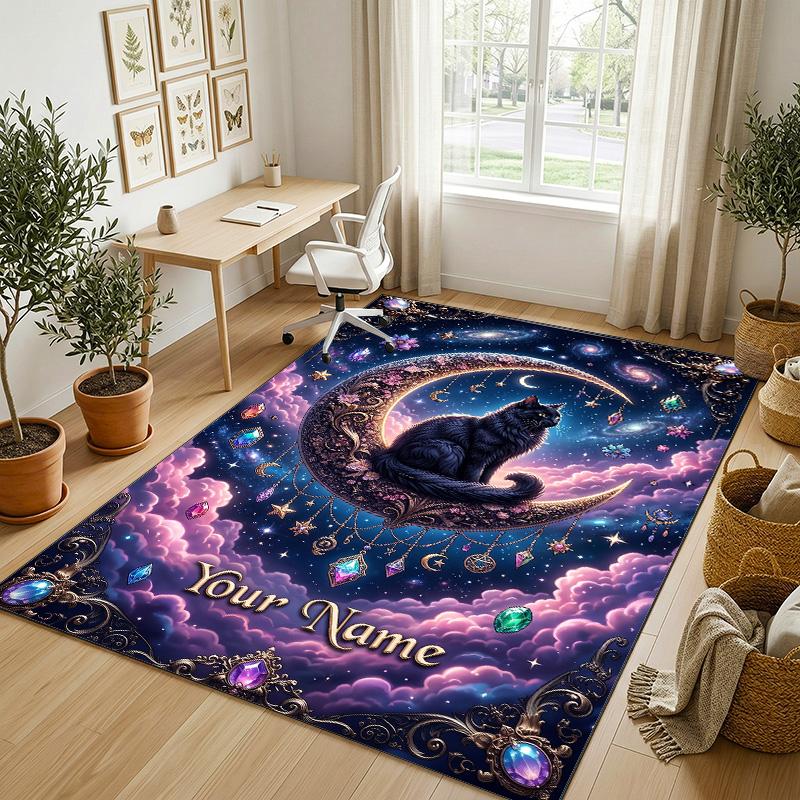 Celestial Cat Theme Soft Crystal Velvet Rug Custom Name & Text Print Non Slip Floor Rug for Bedroom Living Room