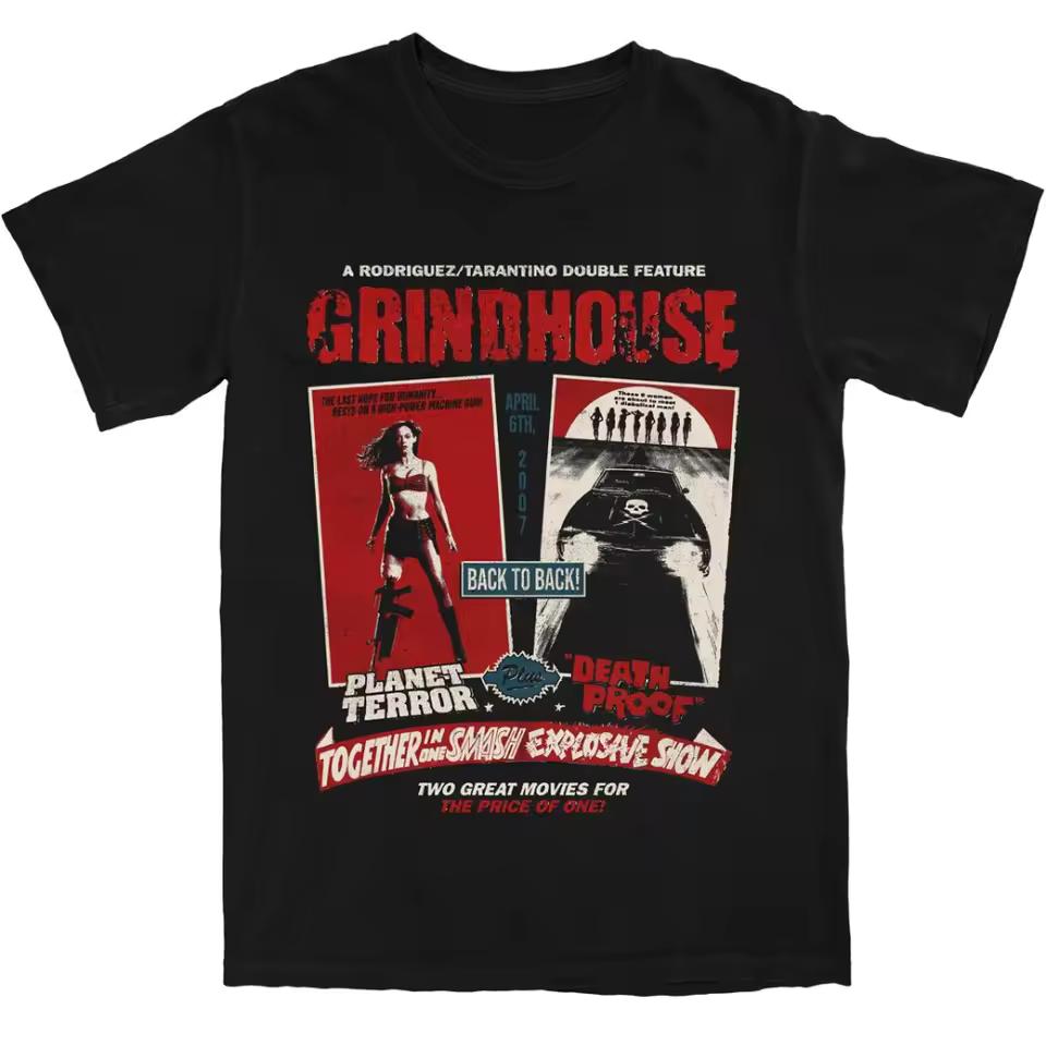 Black Dual Red Frame Movie Poster Graphic Tee Top Crackle Red Header Middle Two Character Panel Chest Oversized Tops