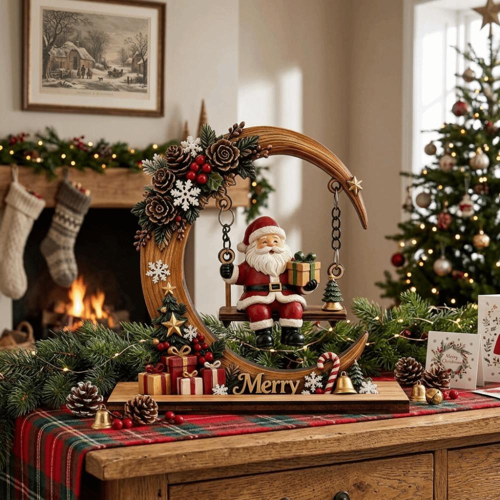 Wooden Christmas Ornaments Moon Shape Christmas Decoration Santa Claus Ornament  For Office