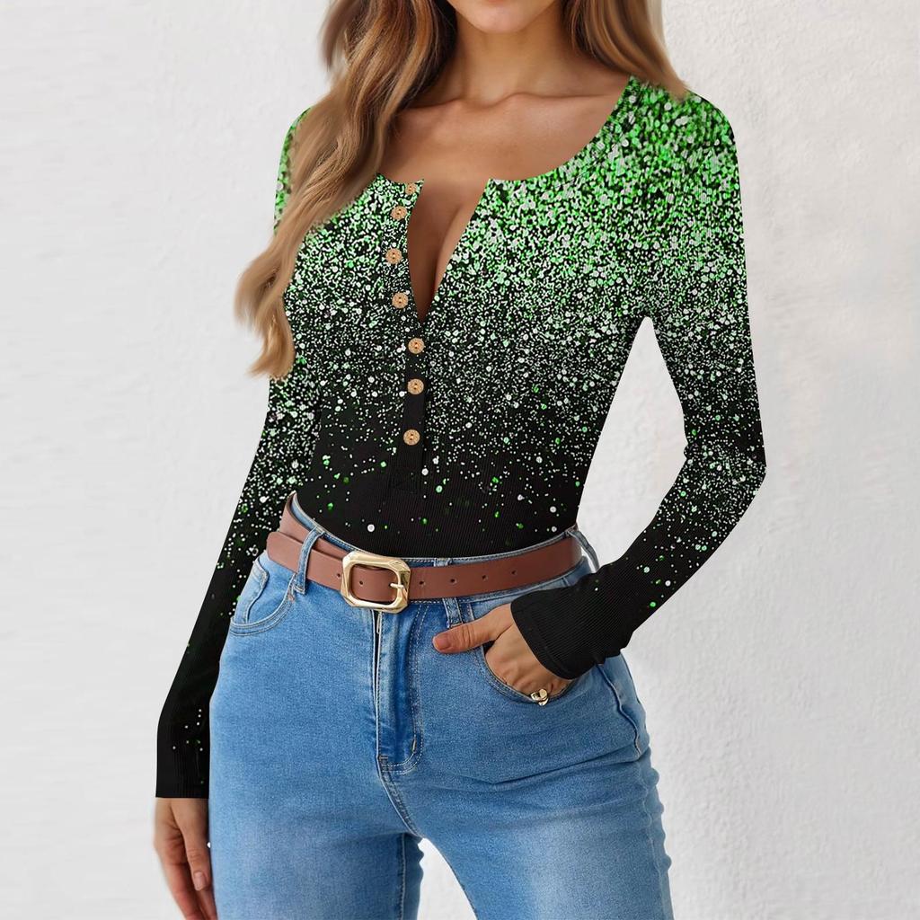 Women's Slim Bottom T-shirt Fashion Casual Gradient Printing Round Neck Pullover Long Sleeve Top