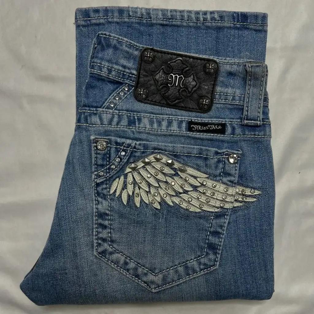 Women's Low Waist Flare Jeans Pants Loose Fit Embroidered Bell Bottom Trousers