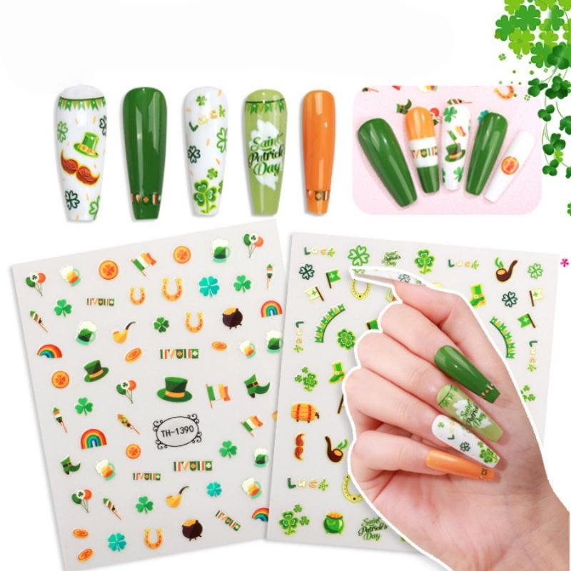 1Pcst. Patrick'S Day Nail Art Stickersdiynail Stickers Lucky Clover Four-Leaf Clover Irish Festival Nail Decoration Stickers