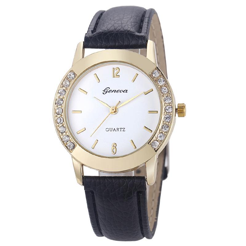 Women Fashion Double Side Diamond Watch Round Dial Quartz Clock Wristwatch with Leather Strap