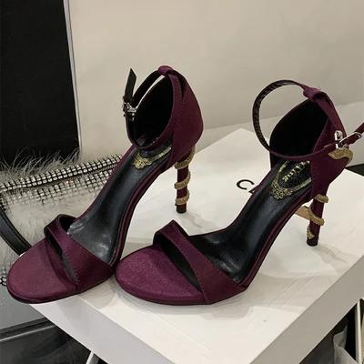 Luxe Strass Slang Design Hoge Hak Sandalen Dames Sexy Open Teen Enkelband Gesp Slide Sandalen Elegante Banket Feest Schoenen