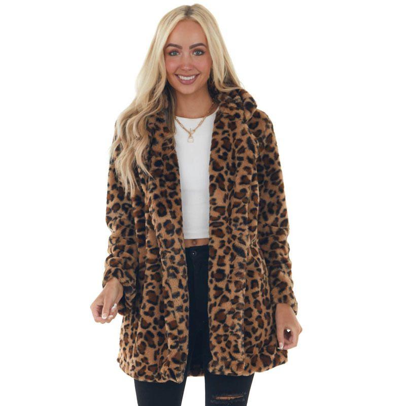 

Faux Fur Jacket Leopard Print Stud for Autumn and Winter Women s Clothing Fashion Imitation Fur with Pockets Loose Furry Coat Leopard Brown 5XL