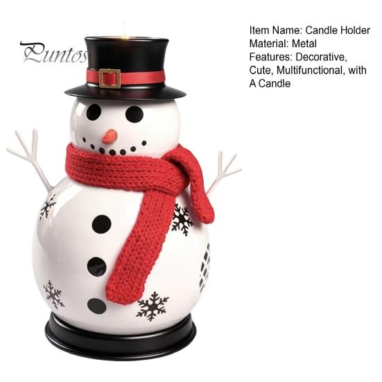 Table Fireplace Entrance Decor Christmas Snowman Candle Holder, Decorative Metal Candlestick Ornament with Top Seasonal Holiday Display Hat And Scarf