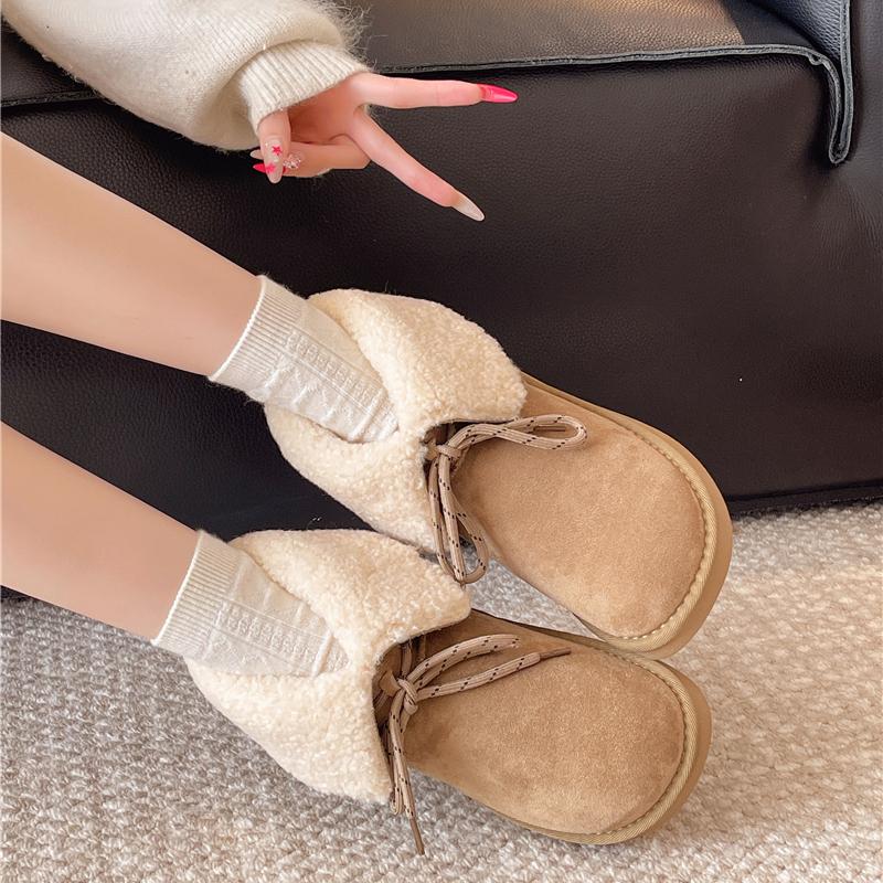 Flip Plush Flat Snow Boots Winter New Round Toe Socket Bow Warm Non-Slip Cotton Boots