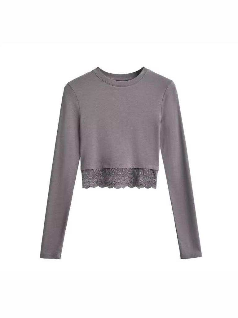 Retro Lace Hem Long Sleeve Spicy Girl Fitted Top