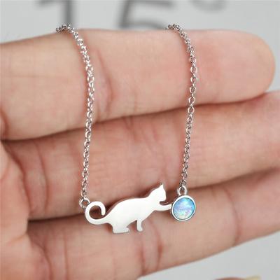 Cute Cat Play Ball Blue Fire Opal Pendant Necklaces For Women Vintage Fashion Animal Jewelry 925 Silver Chain Wedding Necklace