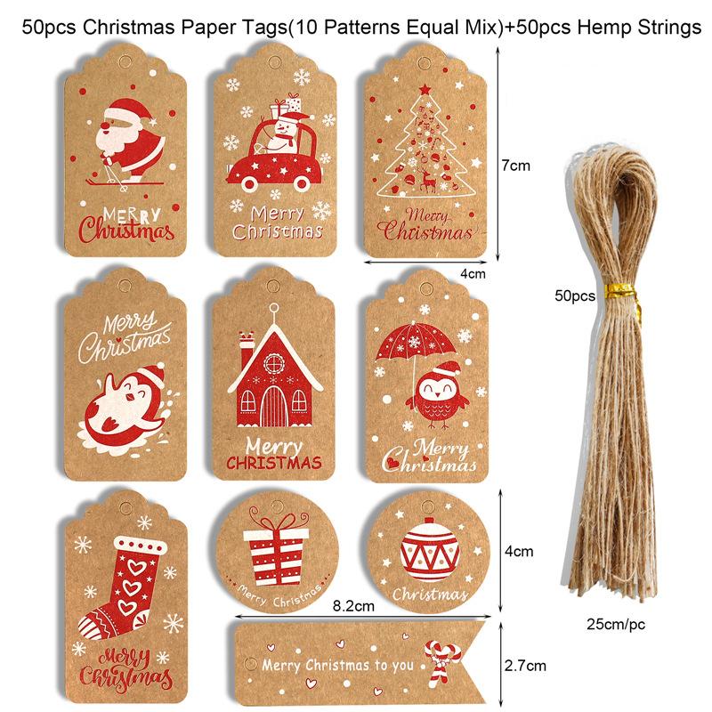 50pcs Merry Christmas Kraft Paper Tags Gift Packaging Decoration Xmas Tree Hanging Label 2024 Navidad New Year Kids Gift Card