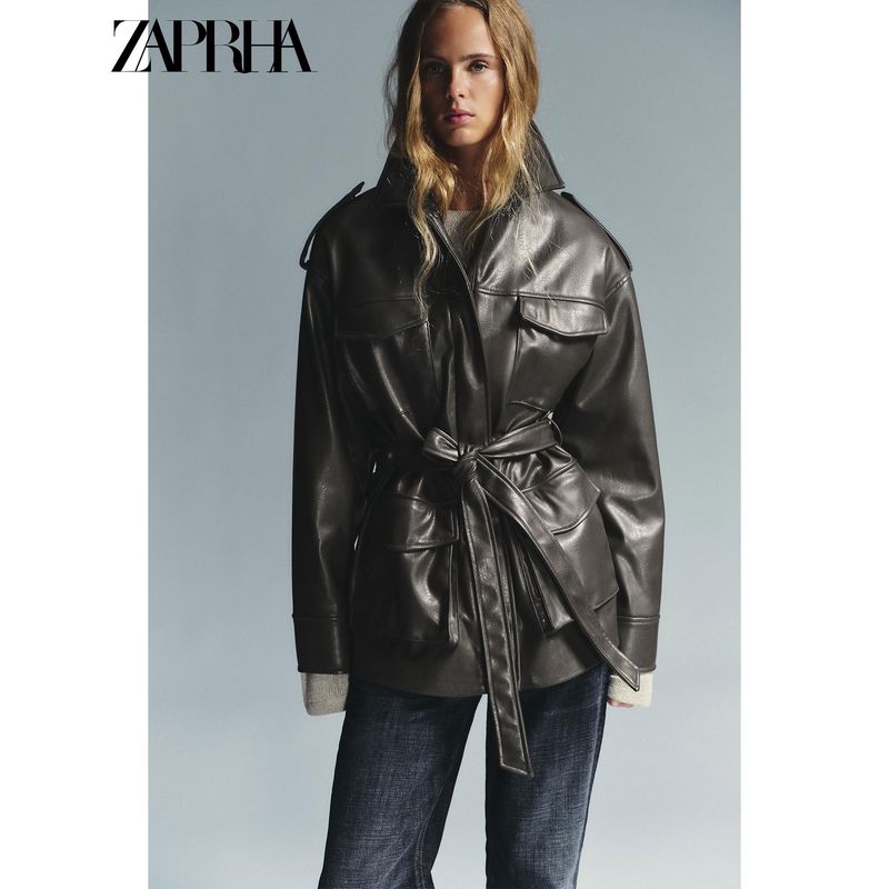 Zaprha 2025 Autumn New Lapel Long Sleeve Strap Pocket Decoration Imitation Leather Jacket All-Match Outerwear 4341766