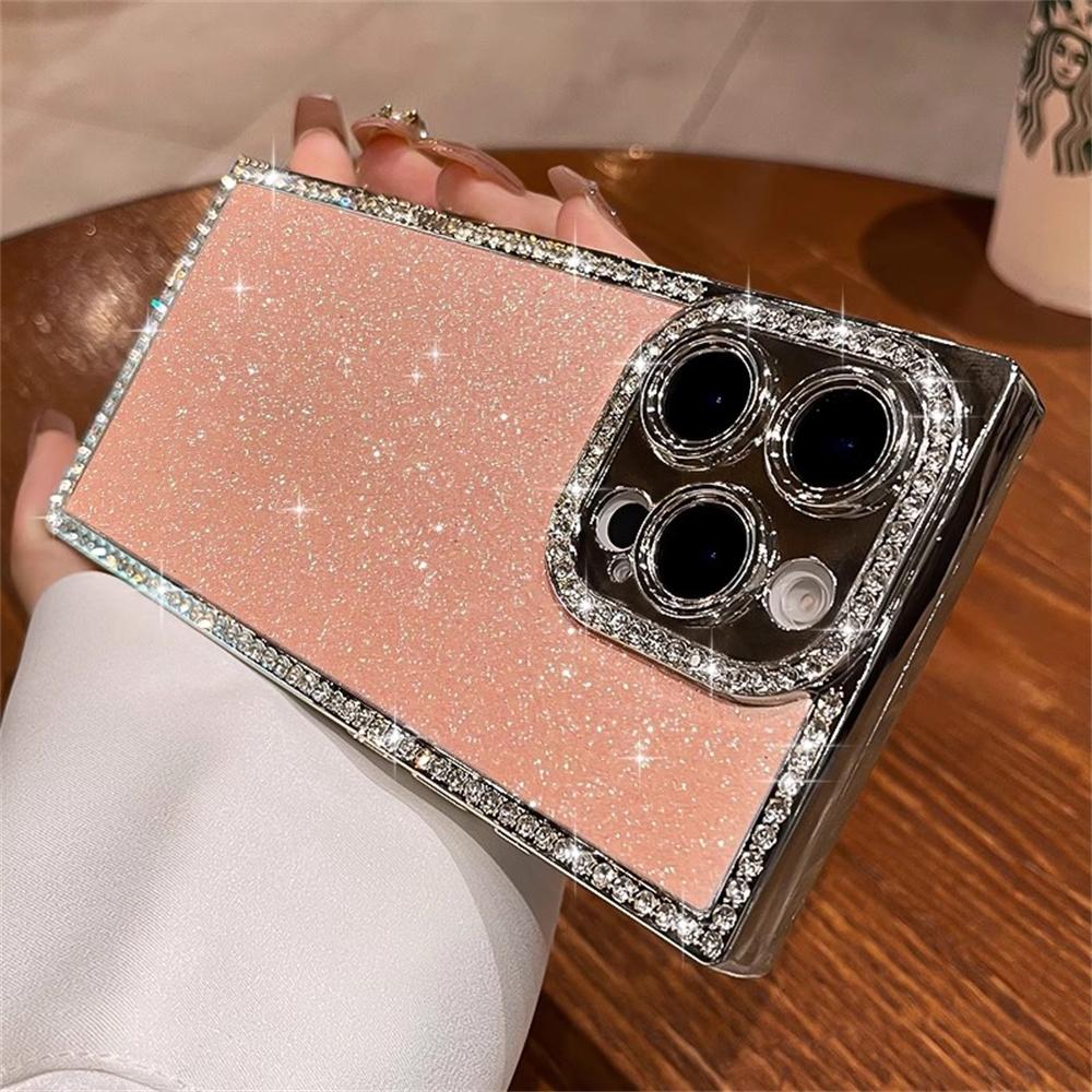 Luxury Rhinestone Squares Bling Glitter Phone Case For iPhone 17 Air 16 15 Plus 14 13 Pro Max Plating Bumper Shockproof Cover