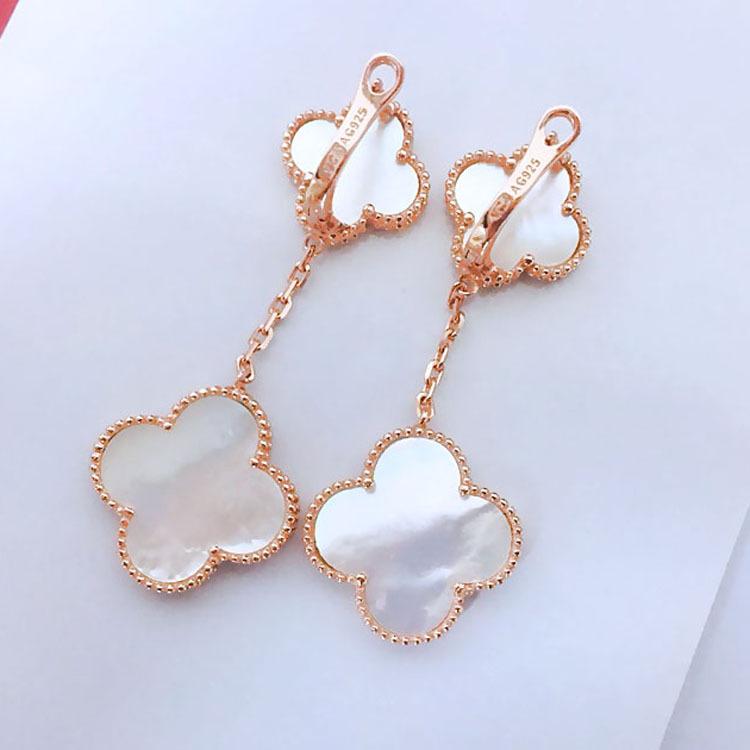 Новые серьги с двойными цветами, серьги-клевер с четырьмя лепестками, женские модные серьги с агатом и перламутром 925 Sterling Silver розового золота