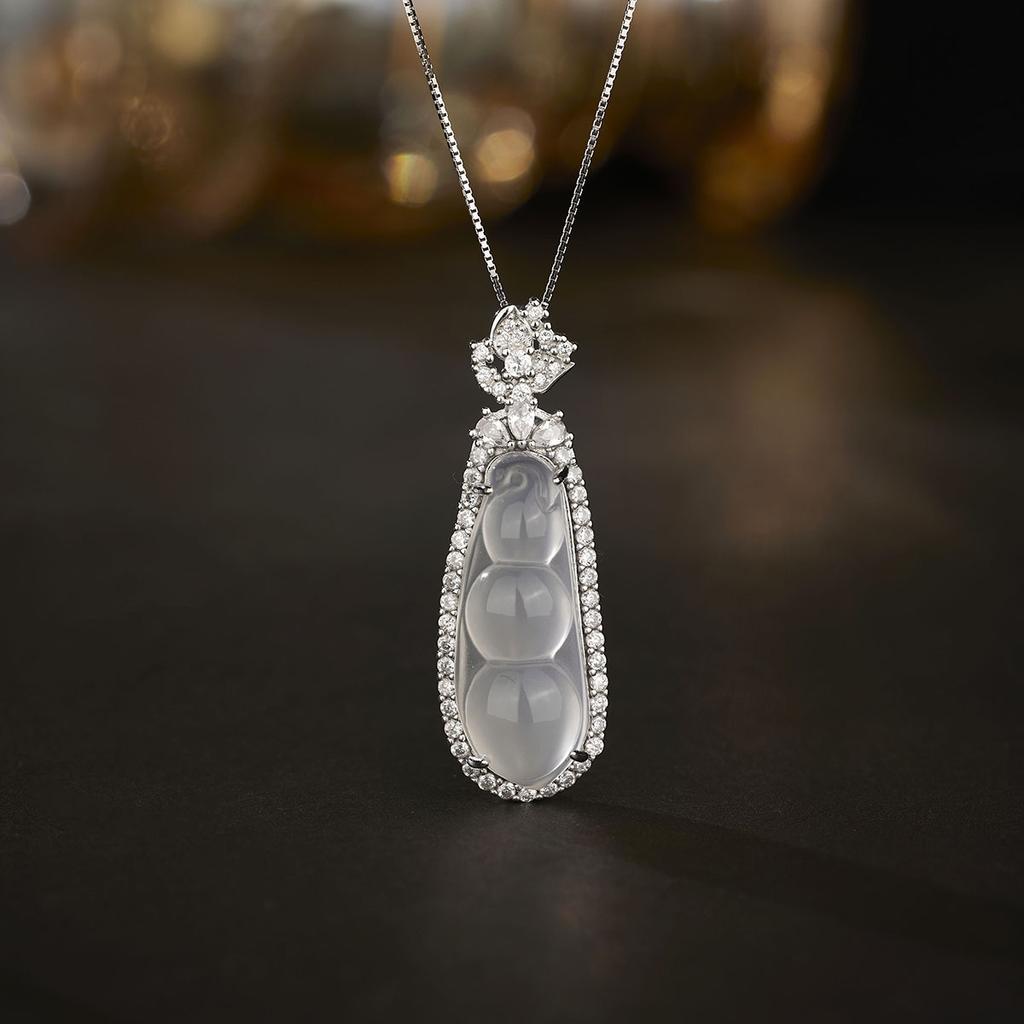 Fudou Pendant Summer Inlaid with Icy Natural White Chalcedony Jade Pendant S925 Silver String Bean Necklace Female