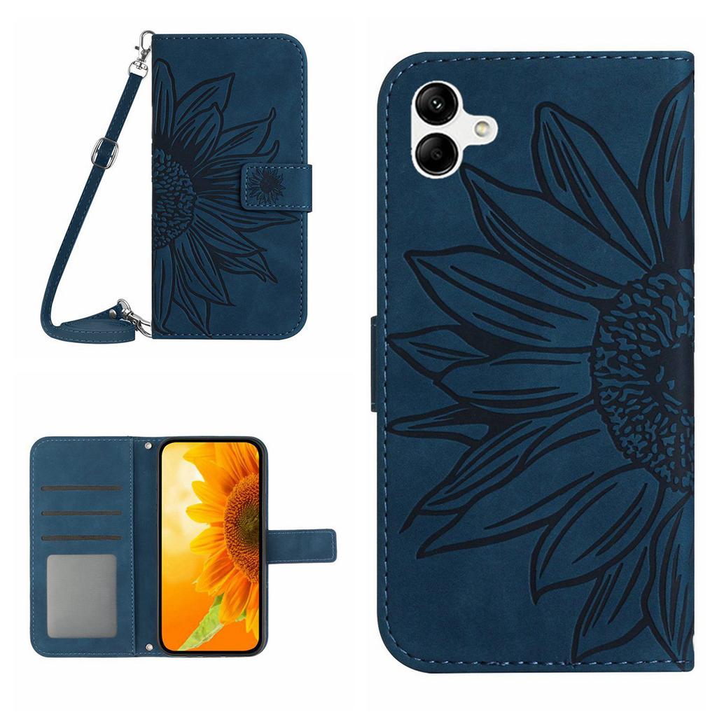 HT04 For Samsung Galaxy A06 4G Case PU Leather Sunflower Imprint Phone Cover with Long Strap