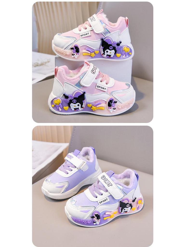 Girls' Kuromi Warm Velvet Sports Shoes: Autumn/Winter 2025, Non-slip Casual Toddler Shoes