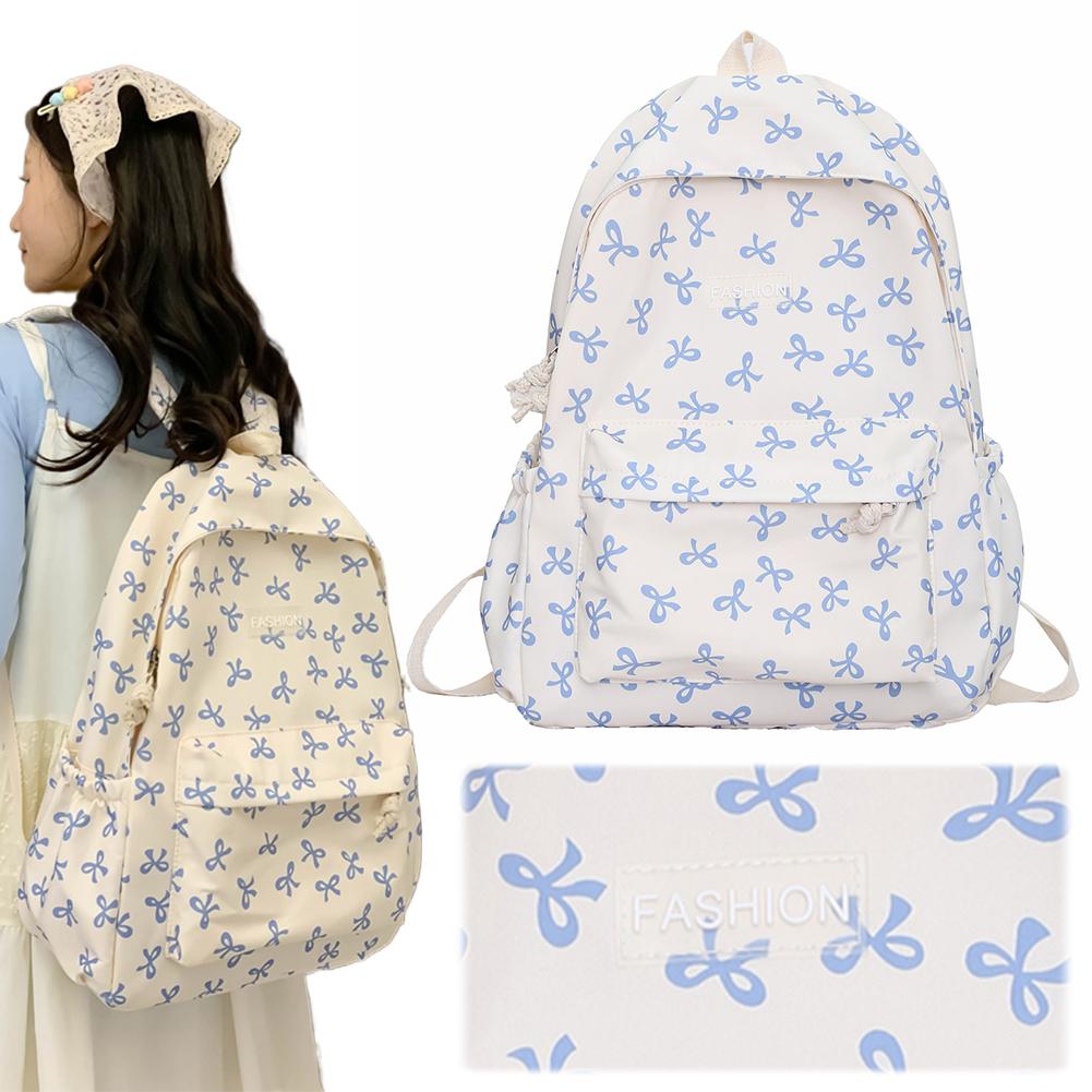 Adjustable Strap Daypack Nylon Student Backpack Bow Printed for Girls Women Travel Bag Cute Knapsack Rucksack