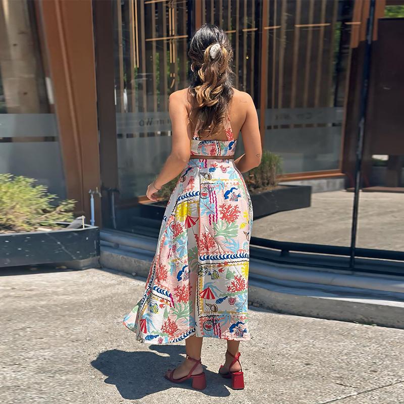 Women Sexy Printed Halter Skirt Suits Summer Sleeveless Backless Crop Top Single Breasted Split Skirts Two Piece Sets